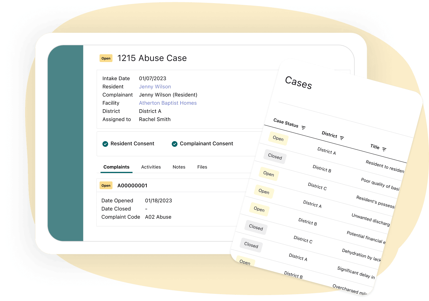 Image displaying case management interfaces, one detailing an IR Call with client and program referral information, and the other outlining an abuse case with complaints and case status filters.