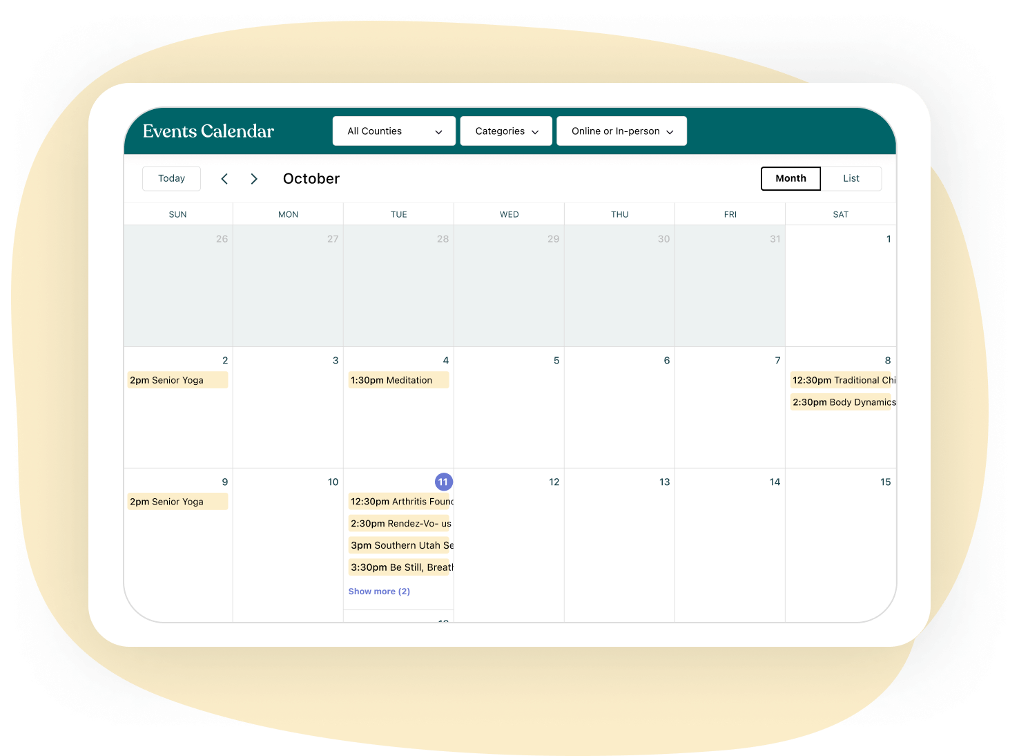 Calendar showing a month of events, such as Senior Yoga and and Meditation